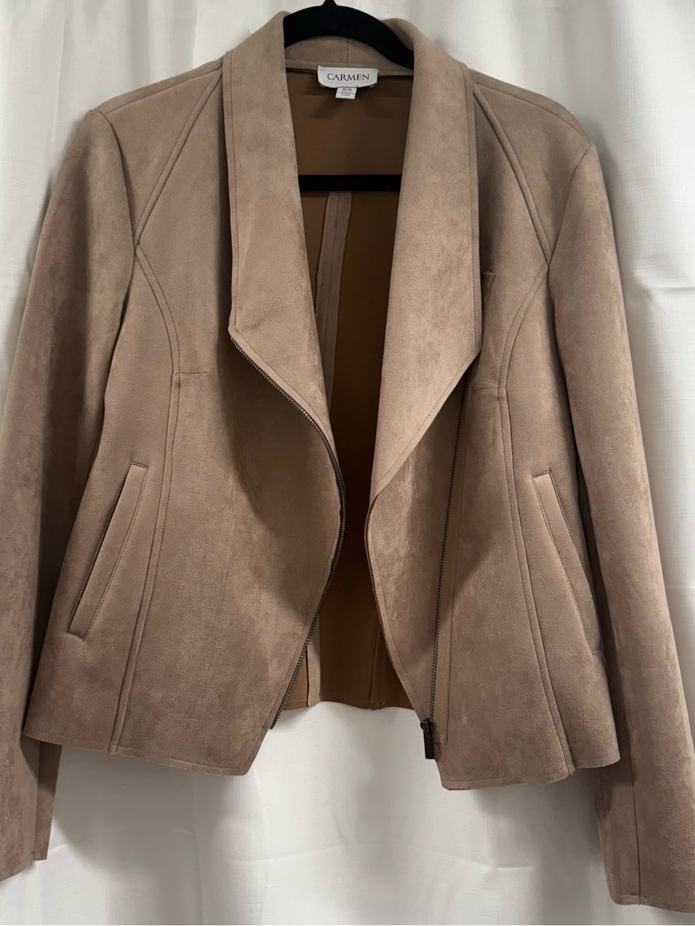 Carmen Faux Suede Moto Jacket Taupe Asymmetrical Zip Women’s Size Medium